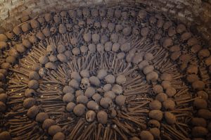 A collection of bones in the San Francisco Church Catacombs