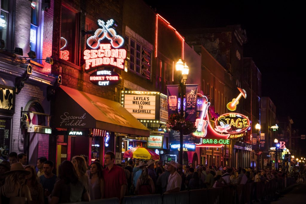 Nashville’s Broadway, with live music performances behind every door